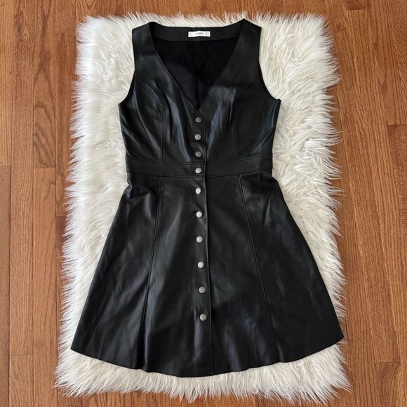 Mango Faux Leather Dress Women’s Small Black V-neck Snap Front Sleeveless Biker - Picture 1 of 10
